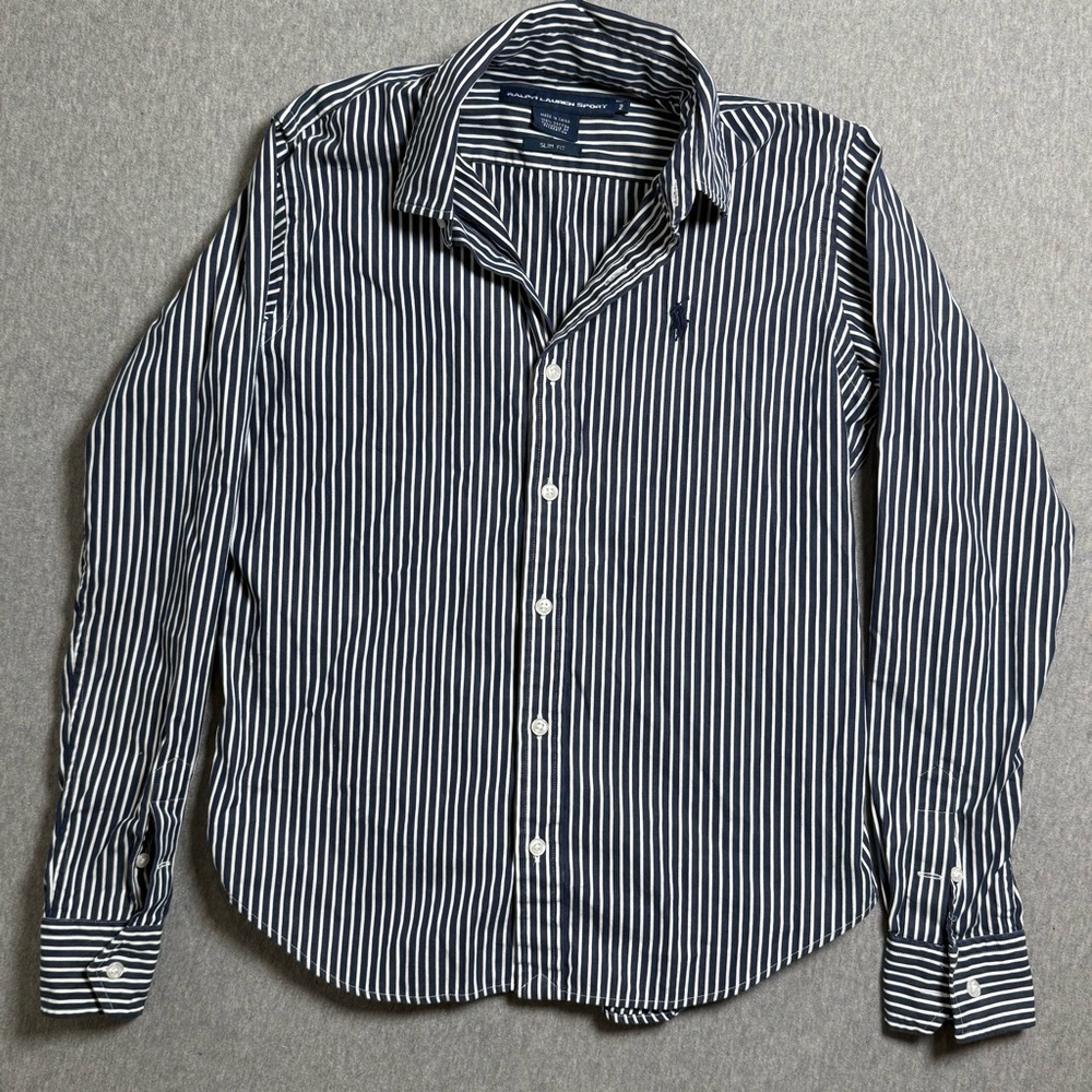 Ralph Lauren Sport Boy's Long Sleeve Shirt Size 2 Button Up Blue White Strips